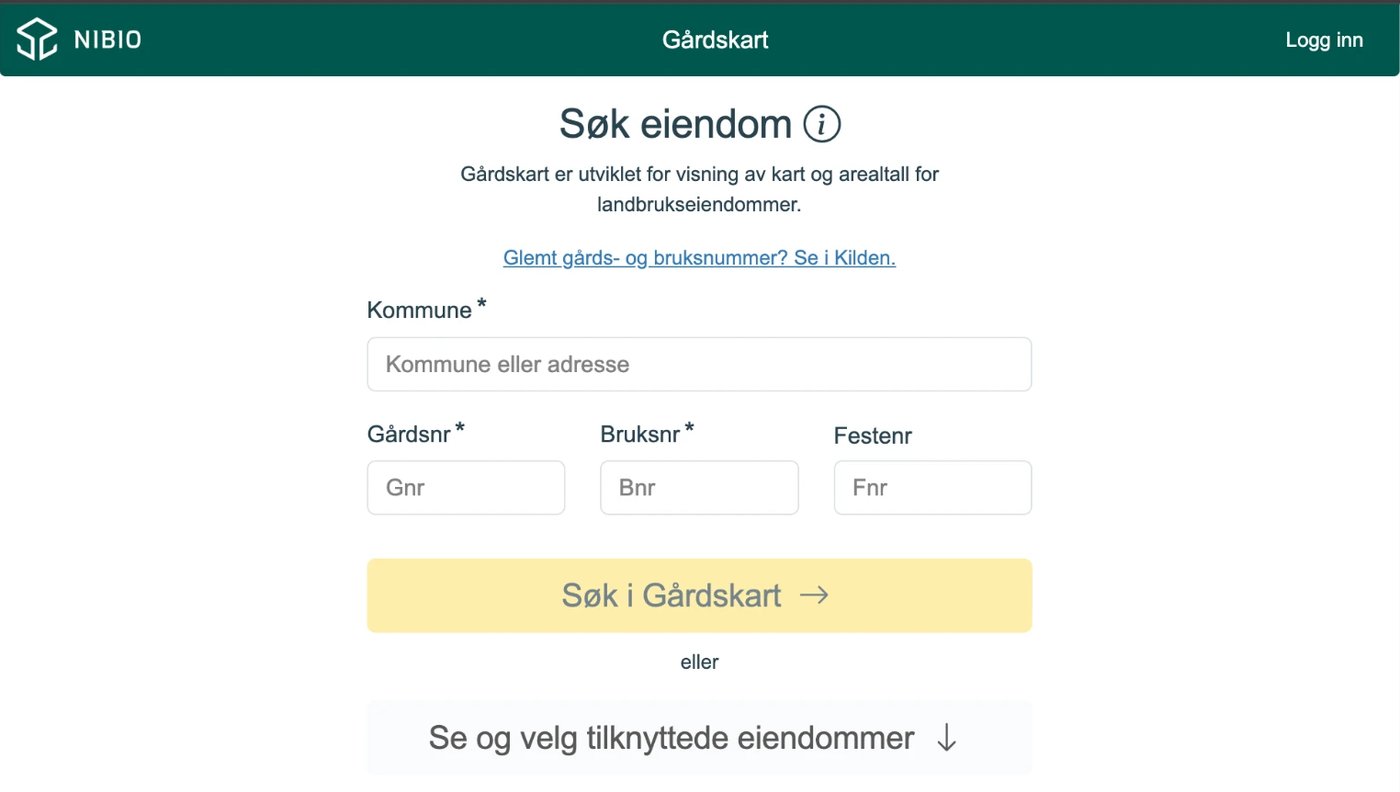 Gårdskart: Søk eiendom, med Logg inn øverst til høyre