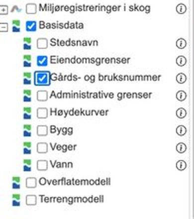 Sidemenyen Andre kartlag med Basisdata: Eiendomsgrenser og Gårds- og bruksnummer huket av