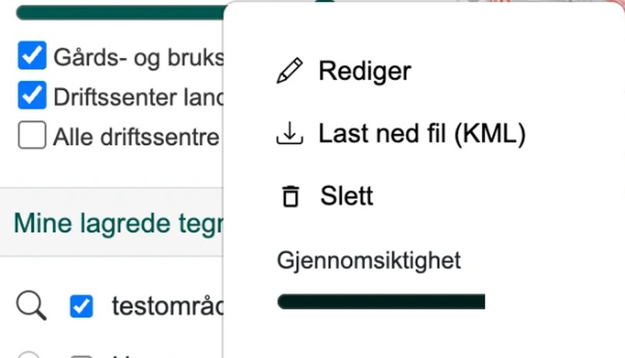 Tannhjulmenyen med Rediger, Last ned fil (KML) og Slett